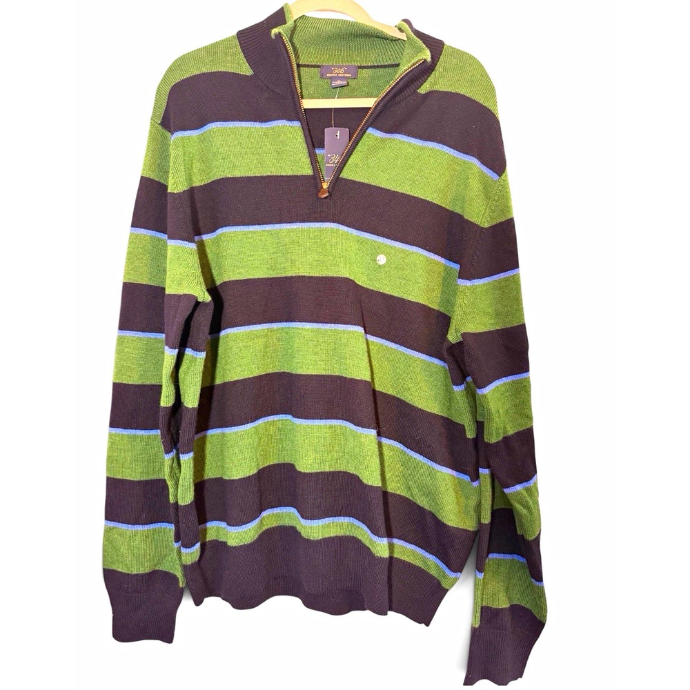 Brooks Brothers 346 Mens XL Merino Wool 1/4 Zip Sweater Green Navy Stripe NWT
